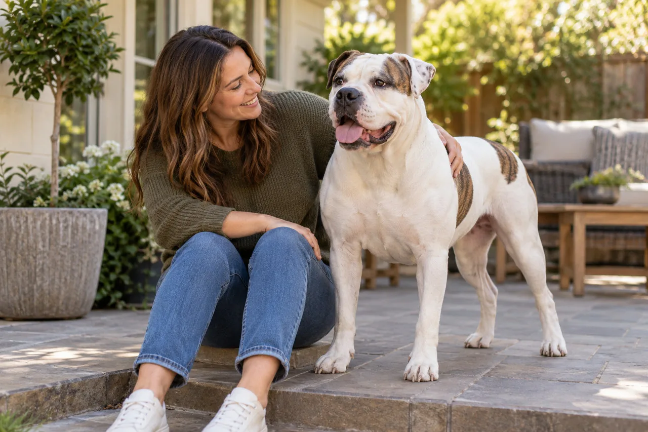 Owner seated outside beside a broad-headed dog