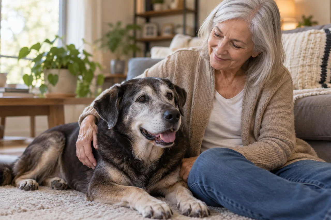 Owner resting beside a gray-muzzled dog